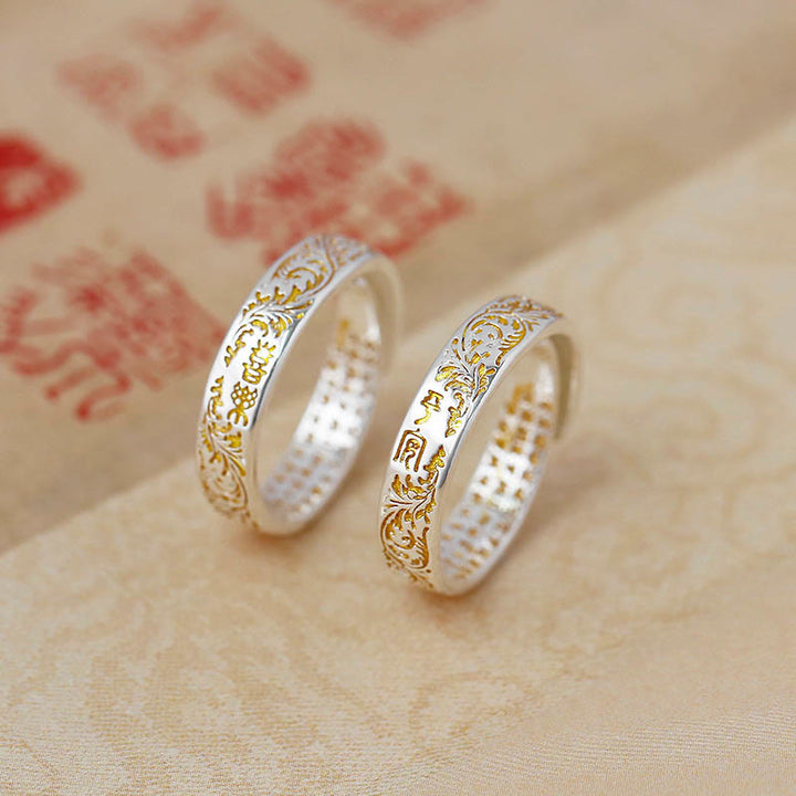 Buddha Stones Peace and Joy Tang Dynasty Flower Design Lotus Heart Sutra Carved Copper Luck Adjustable Ring - image 0