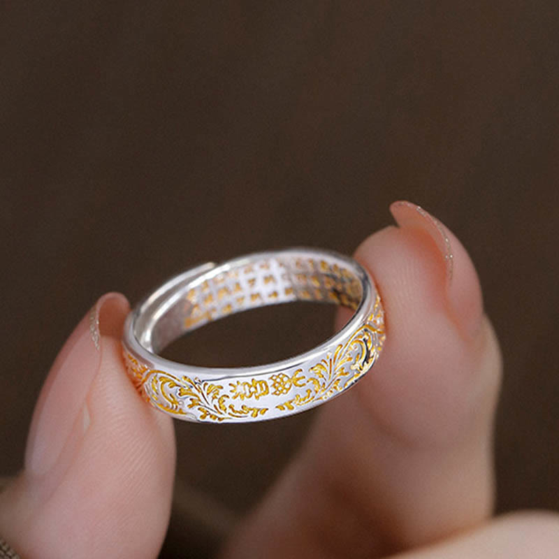 Buddha Stones Peace and Joy Tang Dynasty Flower Design Lotus Heart Sutra Carved Copper Luck Adjustable Ring - image 6