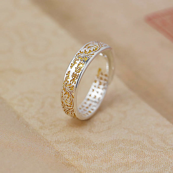 Buddha Stones Peace and Joy Tang Dynasty Flower Design Lotus Heart Sutra Carved Copper Luck Adjustable Ring - Joy&Tang Dynasty Flower Design 18mm(Adjustable) - image 5