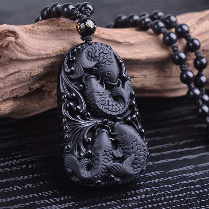 Buddha Stones Black Obsidian Koi Fish Engraved Strength Beaded Necklace Pendant - image 10