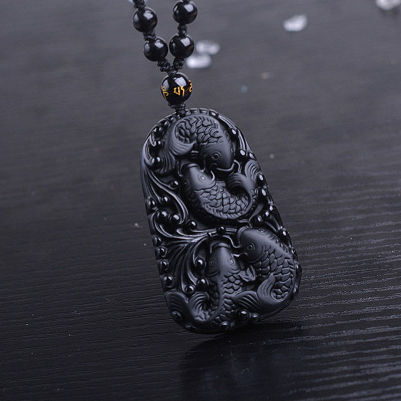 Buddha Stones Black Obsidian Koi Fish Engraved Strength Beaded Necklace Pendant - image 14