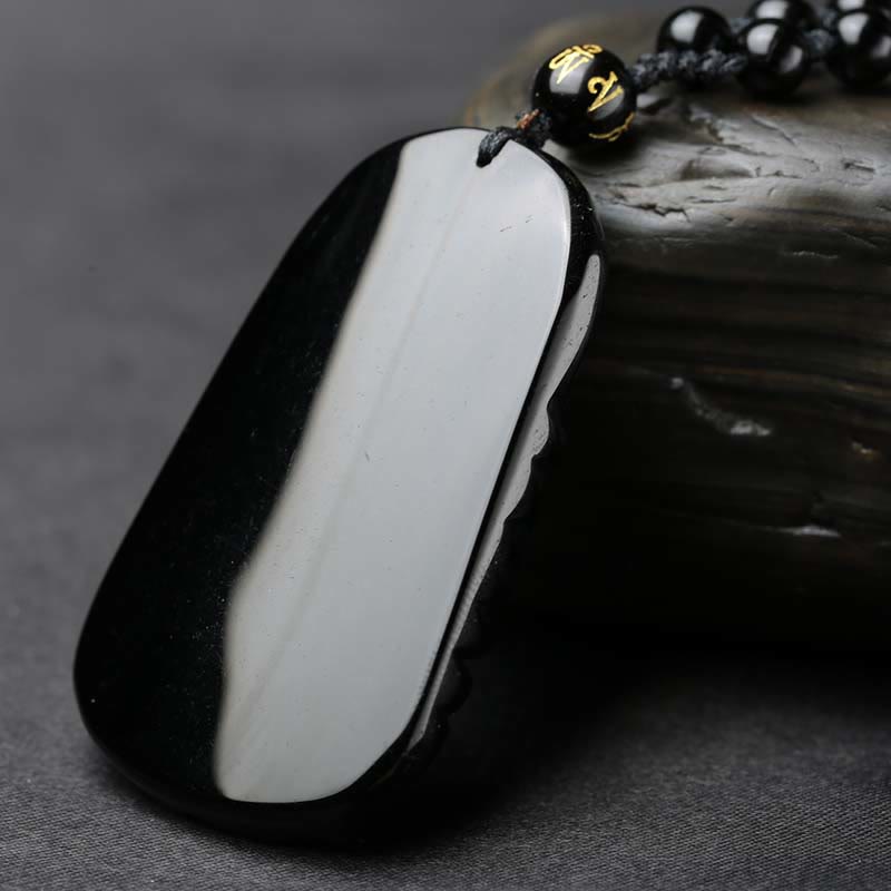 Buddha Stones Black Obsidian Koi Fish Engraved Strength Beaded Necklace Pendant - image 4