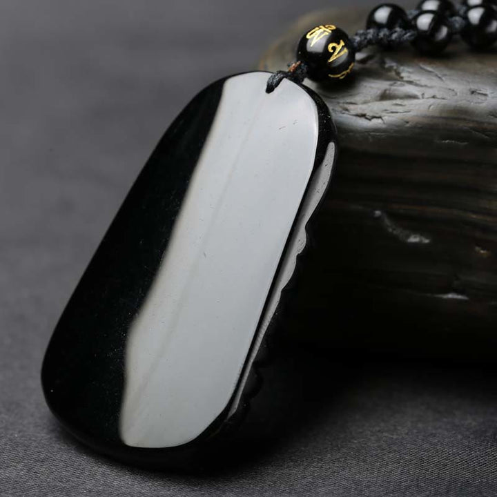 Buddha Stones Black Obsidian Koi Fish Engraved Strength Beaded Necklace Pendant - image 4