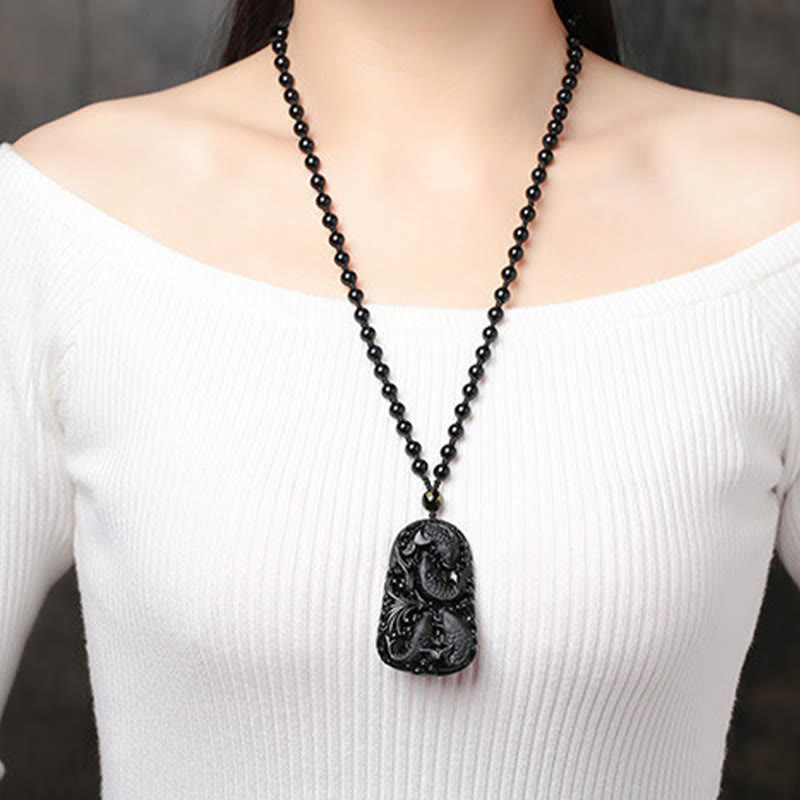 Buddha Stones Black Obsidian Koi Fish Engraved Strength Beaded Necklace Pendant - image 18