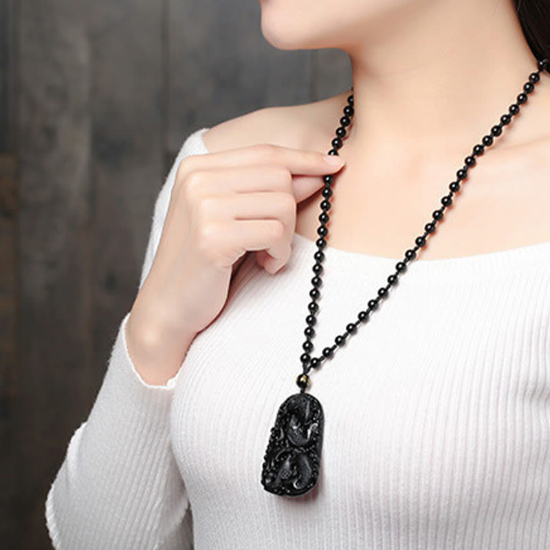 Buddha Stones Black Obsidian Koi Fish Engraved Strength Beaded Necklace Pendant - image 17