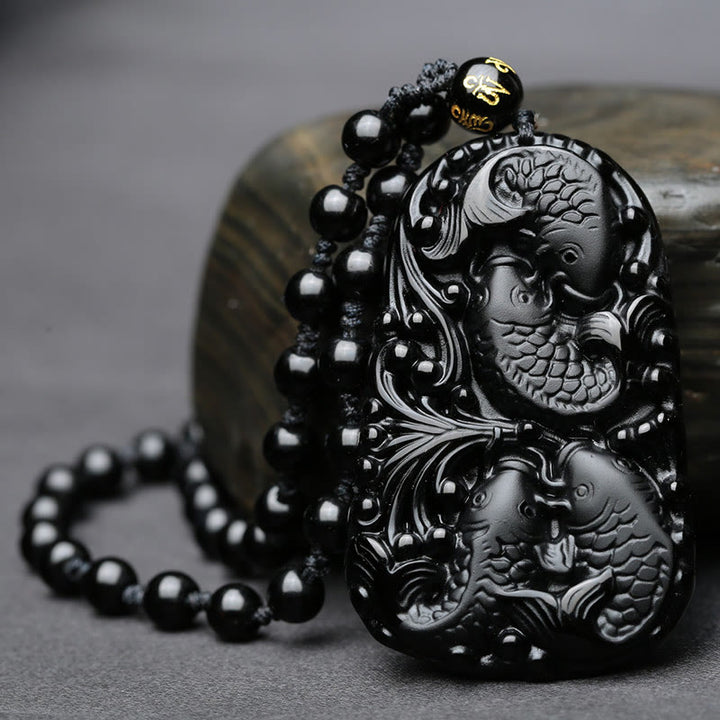 Buddha Stones Black Obsidian Koi Fish Engraved Strength Beaded Necklace Pendant - image 3
