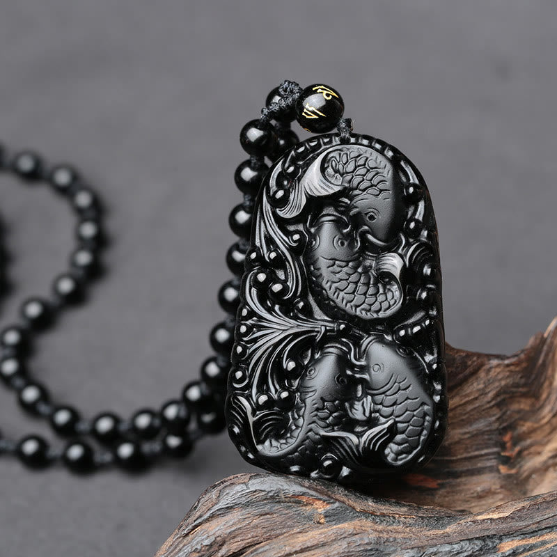 Buddha Stones Black Obsidian Koi Fish Engraved Strength Beaded Necklace Pendant - image 8