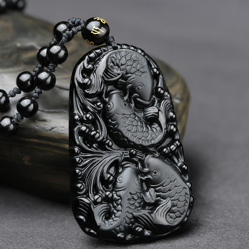 Buddha Stones Black Obsidian Koi Fish Engraved Strength Beaded Necklace Pendant - image 1