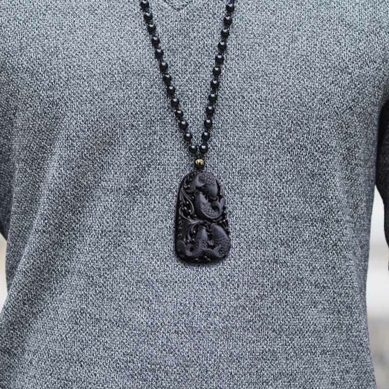 Buddha Stones Black Obsidian Koi Fish Engraved Strength Beaded Necklace Pendant - image 16
