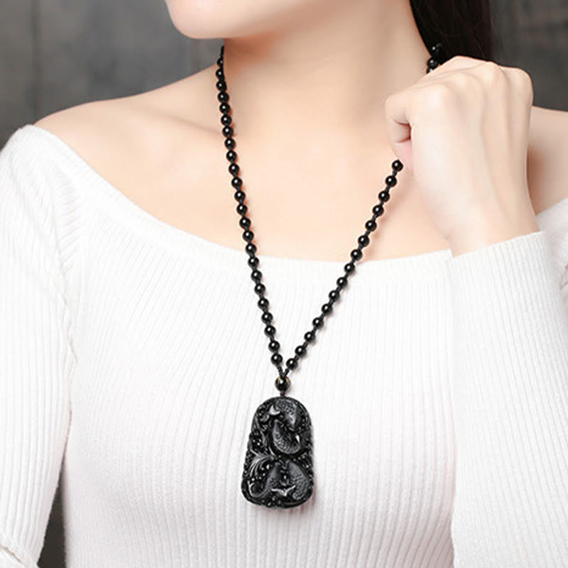 Buddha Stones Black Obsidian Koi Fish Engraved Strength Beaded Necklace Pendant - image 20