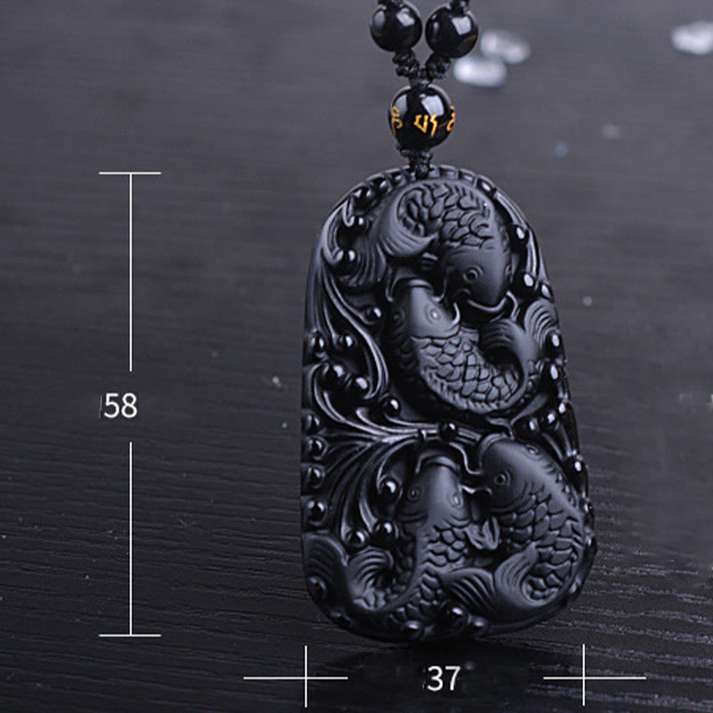 Buddha Stones Black Obsidian Koi Fish Engraved Strength Beaded Necklace Pendant - image 15