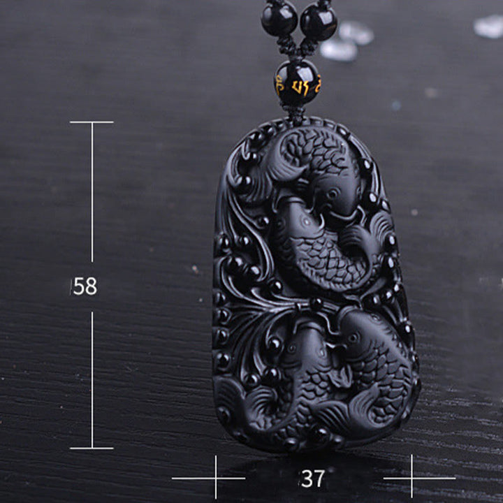 Buddha Stones Black Obsidian Koi Fish Engraved Strength Beaded Necklace Pendant - image 15