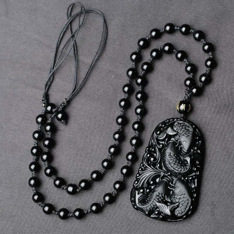 Buddha Stones Black Obsidian Koi Fish Engraved Strength Beaded Necklace Pendant - image 9