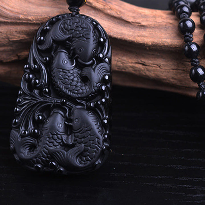 Buddha Stones Black Obsidian Koi Fish Engraved Strength Beaded Necklace Pendant - image 13