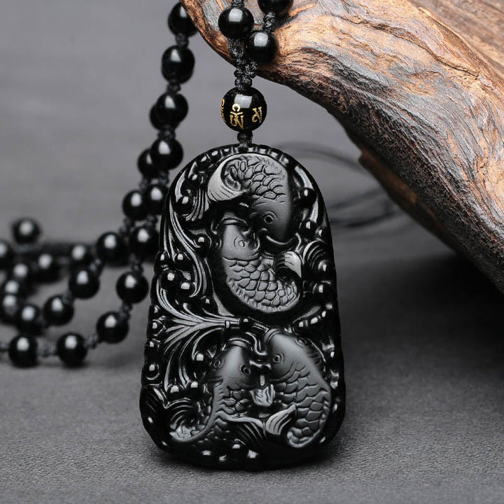 Buddha Stones Black Obsidian Koi Fish Engraved Strength Beaded Necklace Pendant - image 7