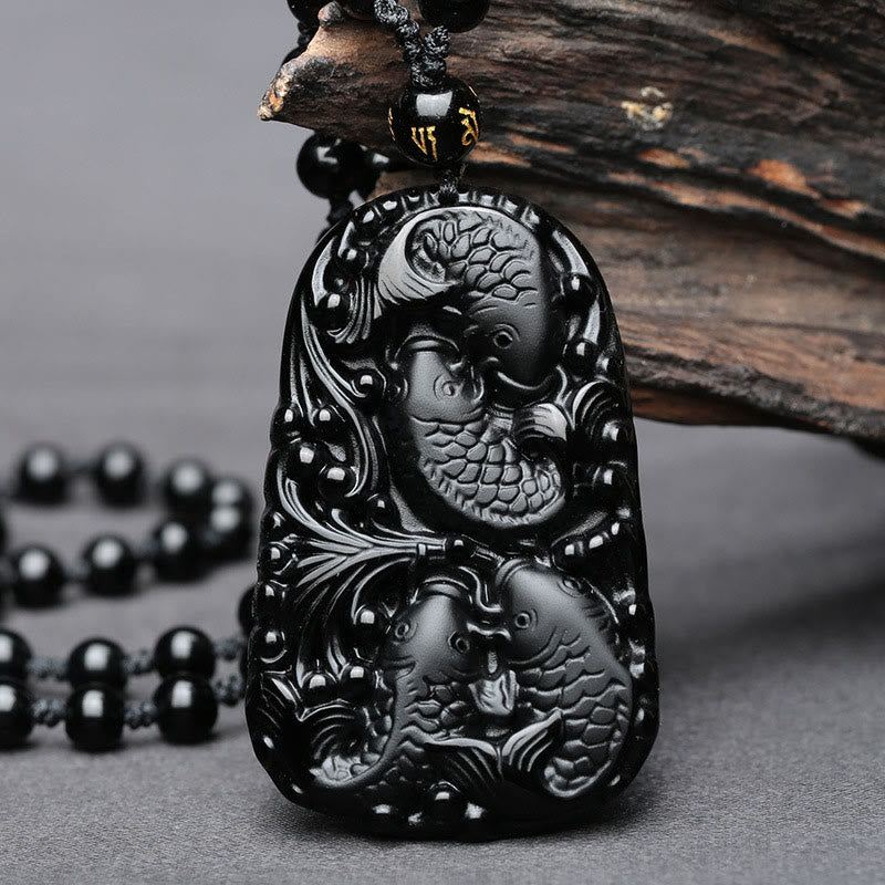 Buddha Stones Black Obsidian Koi Fish Engraved Strength Beaded Necklace Pendant - Koi Fish(Luck♥Prosperity) - image 0