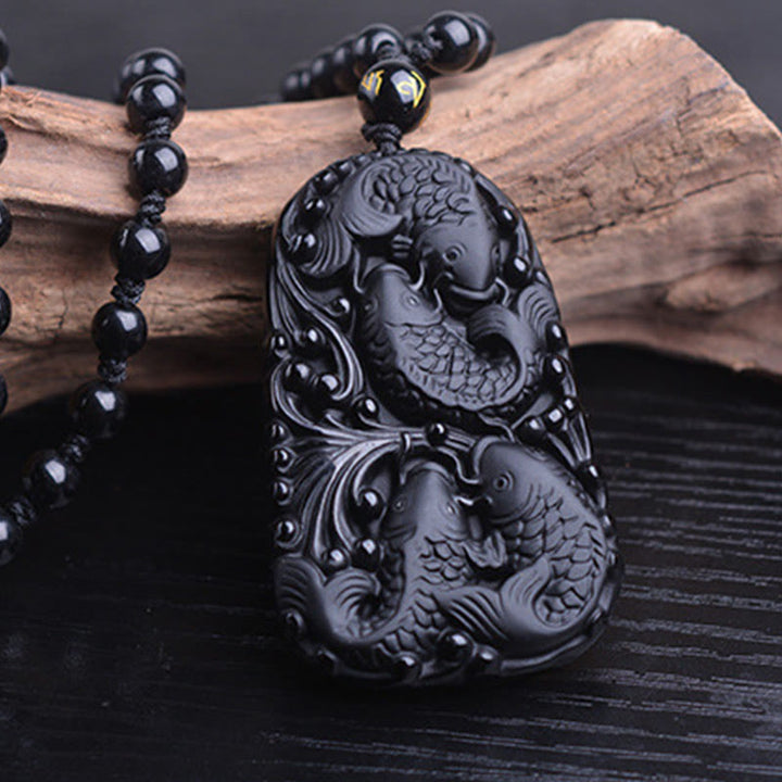 Buddha Stones Black Obsidian Koi Fish Engraved Strength Beaded Necklace Pendant - image 12