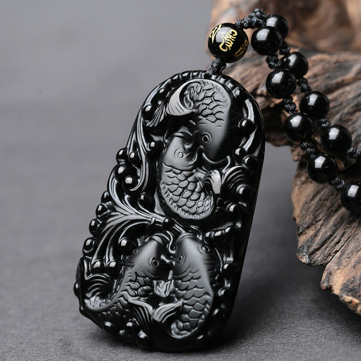 Buddha Stones Black Obsidian Koi Fish Engraved Strength Beaded Necklace Pendant - image 2
