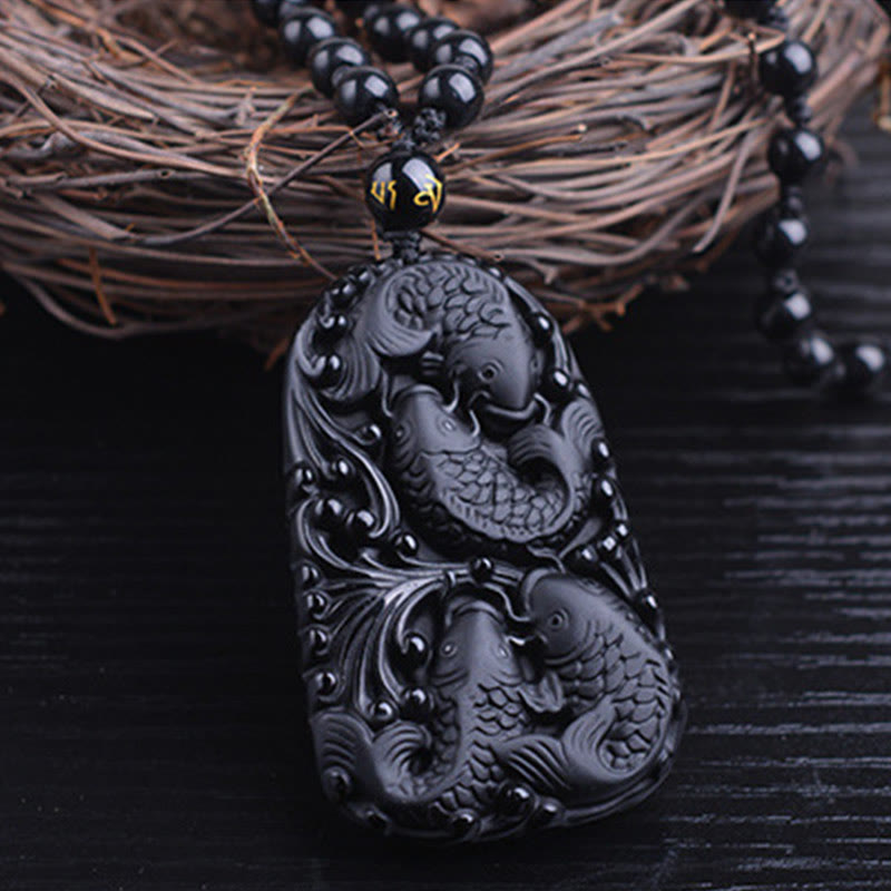 Buddha Stones Black Obsidian Koi Fish Engraved Strength Beaded Necklace Pendant - image 11