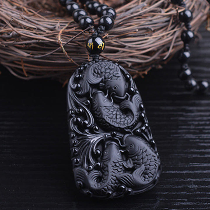 Buddha Stones Black Obsidian Koi Fish Engraved Strength Beaded Necklace Pendant - image 11