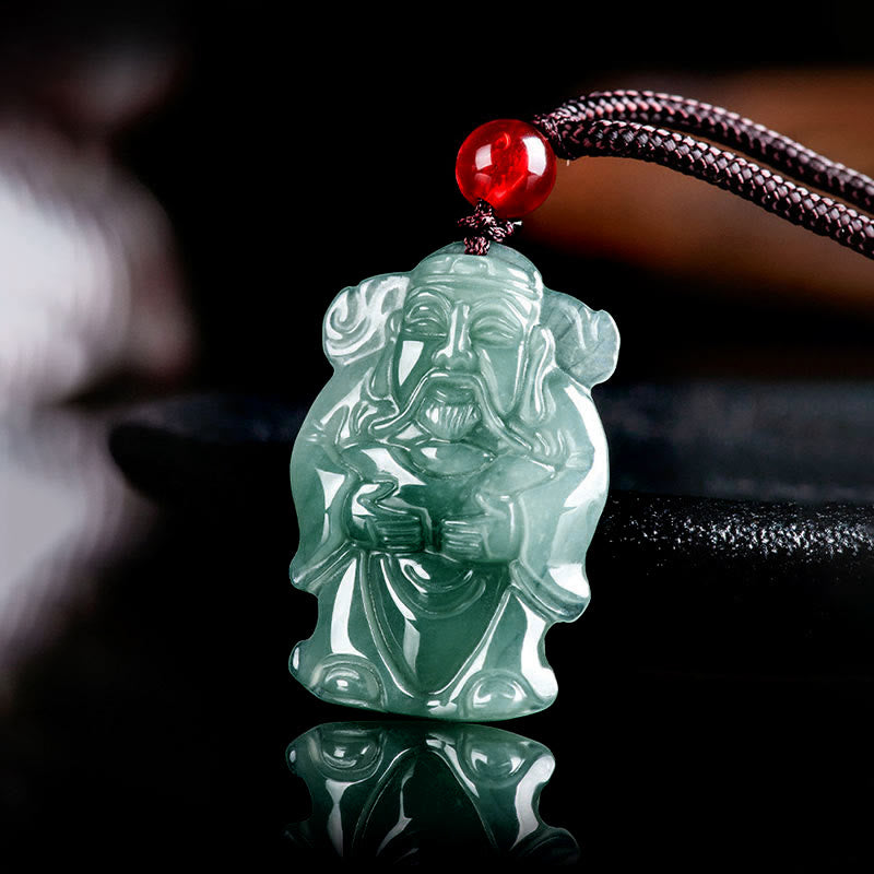 Buddha Stones Natural Green Jade Chinese God of Wealth Caishen Ingot Abundance Necklace Pendant - image 1