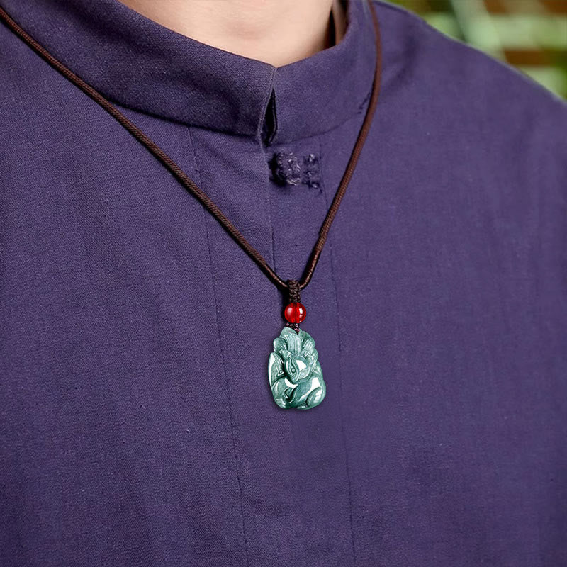 Buddha Stones Natural Green Jade Nine Tailed Fox Engraved Prosperity Necklace Pendant - image 8