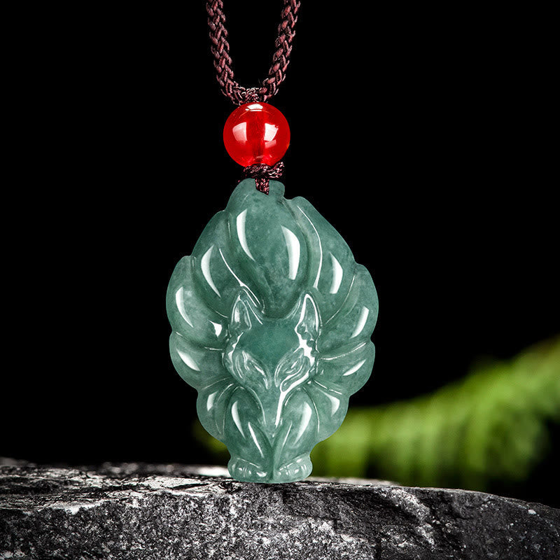 Buddha Stones Natural Green Jade Nine Tailed Fox Luck Necklace Pendant - Jade(Natural Jade, Color May Vary) - image 0