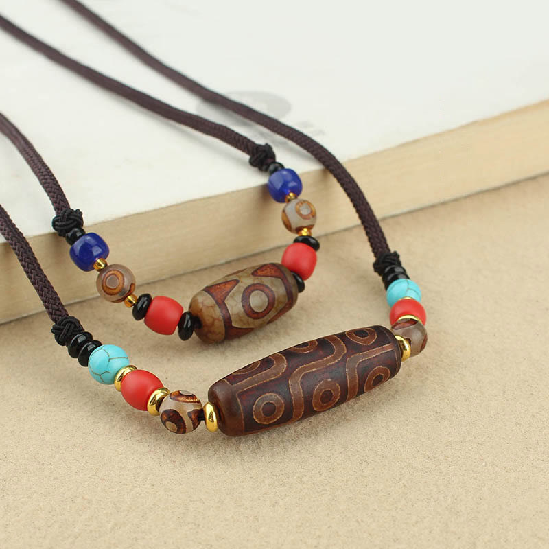 Buddha Stones Tibetan Nine-Eye Dzi Bead Three-eyed Dzi Bead Protection String Necklaces Pendant - image 0