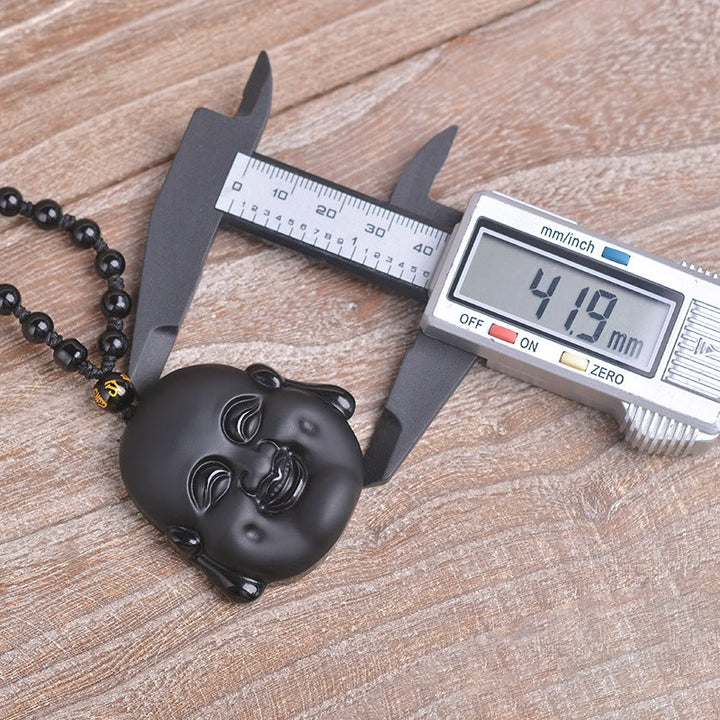 Buddha Stones Natural Black Obsidian Laughing Buddha Purification Necklace Pendant - image 7