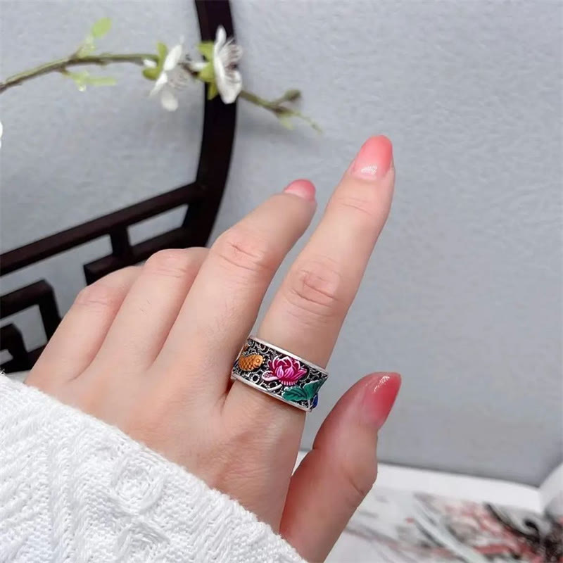 Buddha Stones Copper Blue Enamel Lotus Heart Sutra Koi Fish Luck Ring - image 13