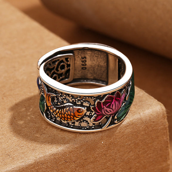 Buddha Stones Copper Blue Enamel Lotus Heart Sutra Koi Fish Luck Ring - image 8