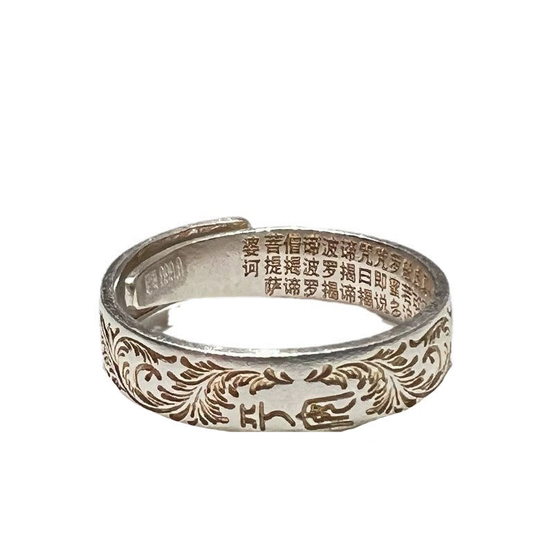 Buddha Stone 999 Sterling Silver Gold-Painted Joyful Flower Pattern Peaceful Heart Sutra Ring - image 16