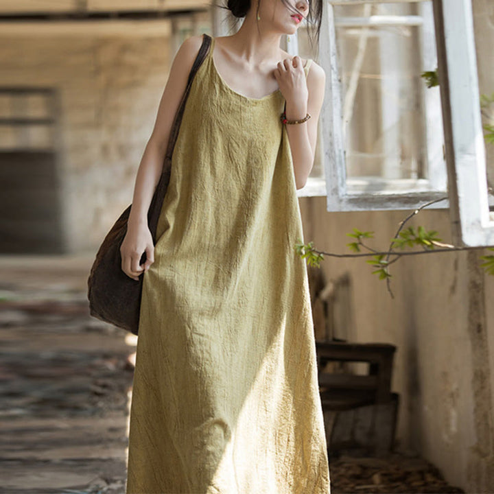 Buddha Stones Summer Spaghetti Strap Handmade Tie Dye Linen Midi Cami Dress - LemonChiffon - F(Fit for US4-8/10; UK/AU8-12/14; EU36-40/42) - image 0