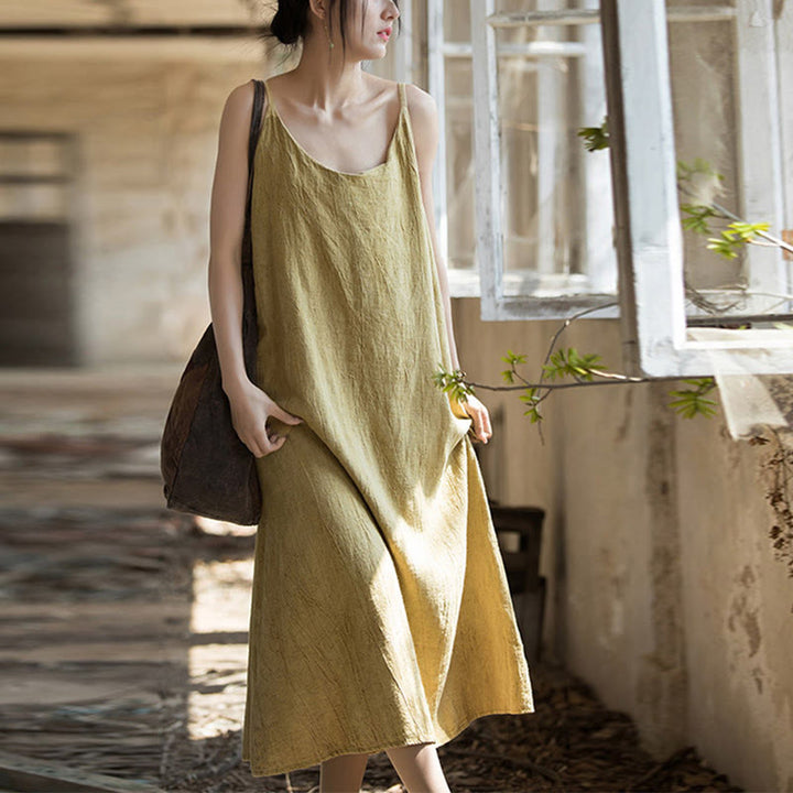 Buddha Stones Summer Spaghetti Strap Handmade Tie Dye Linen Midi Cami Dress - image 1