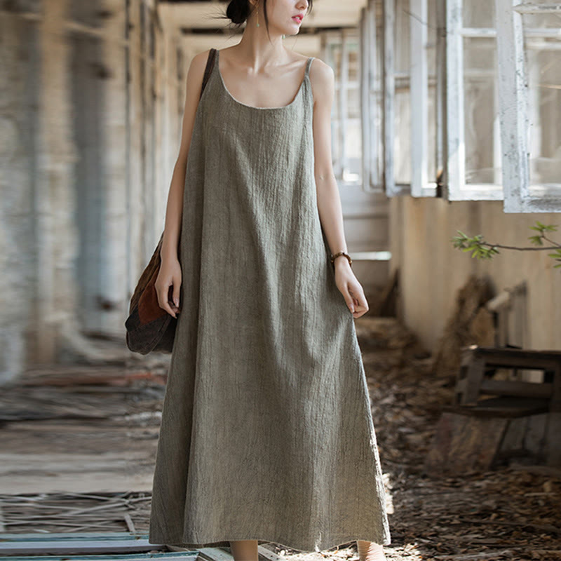 Buddha Stones Summer Spaghetti Strap Handmade Tie Dye Linen Midi Cami Dress - image 18