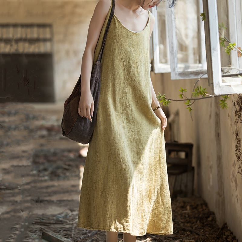 Buddha Stones Summer Spaghetti Strap Handmade Tie Dye Linen Midi Cami Dress - image 3