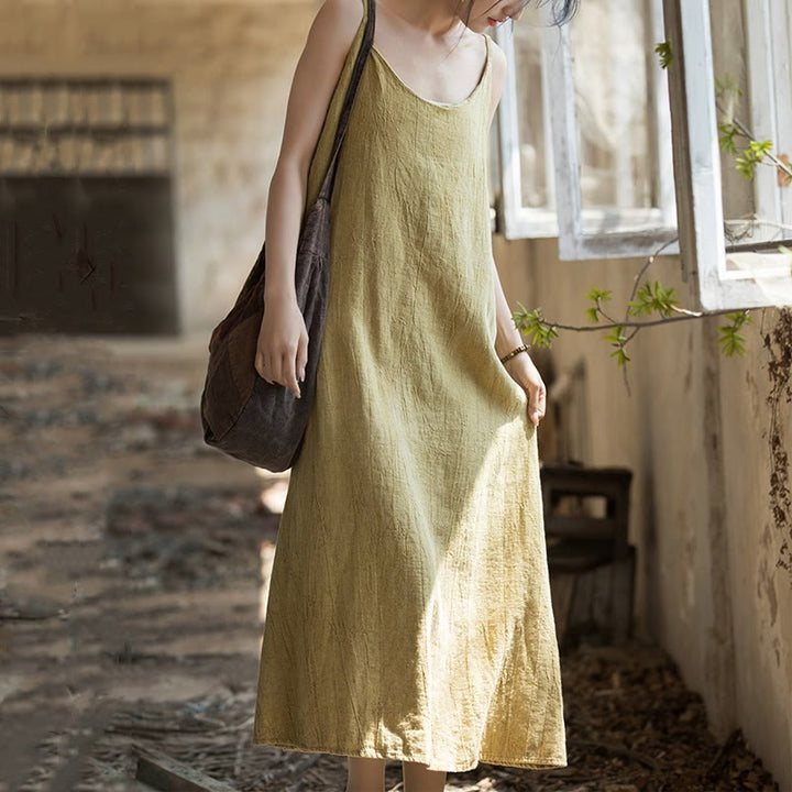 Buddha Stones Summer Spaghetti Strap Handmade Tie Dye Linen Midi Cami Dress - image 3