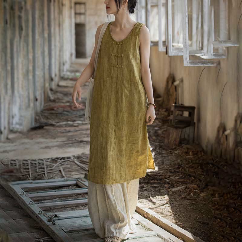 Buddha Stones Frog-Button Ramie Linen Women's Sleeveless Knee Length Dress With Pockets - image 4