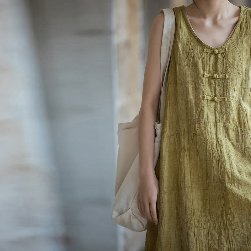 Buddha Stones Frog-Button Ramie Linen Women's Sleeveless Knee Length Dress With Pockets - image 8