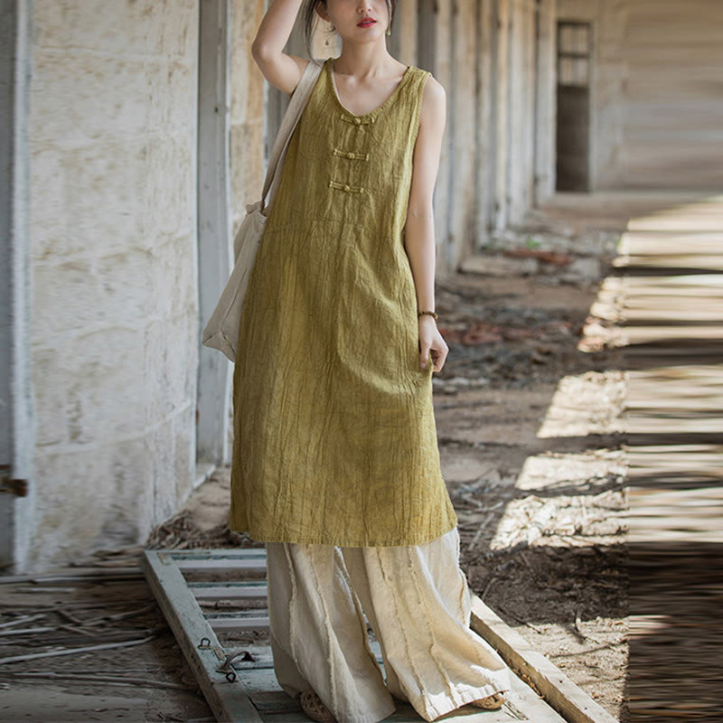Buddha Stones Frog-Button Ramie Linen Women's Sleeveless Knee Length Dress With Pockets - image 1