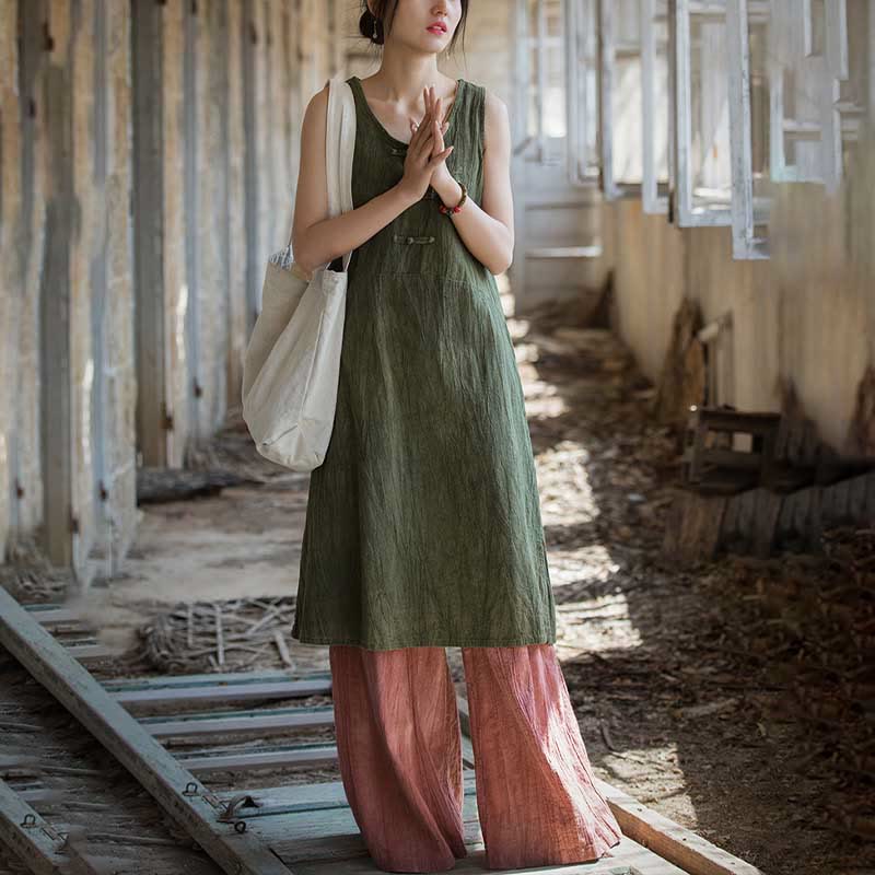 Buddha Stones Frog-Button Ramie Linen Women's Sleeveless Knee Length Dress With Pockets - image 22