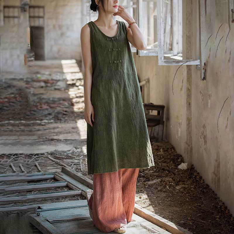Buddha Stones Frog-Button Ramie Linen Women's Sleeveless Knee Length Dress With Pockets - image 21