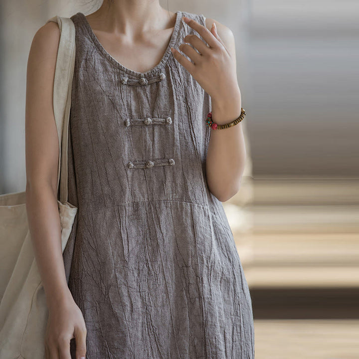 Buddha Stones Frog-Button Ramie Linen Women's Sleeveless Knee Length Dress With Pockets - image 32