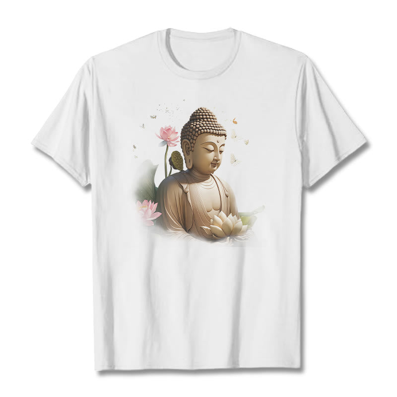Buddha Stones Lotus Butterfly Meditation Buddha Tee T-shirt - White - 2XL - image 0