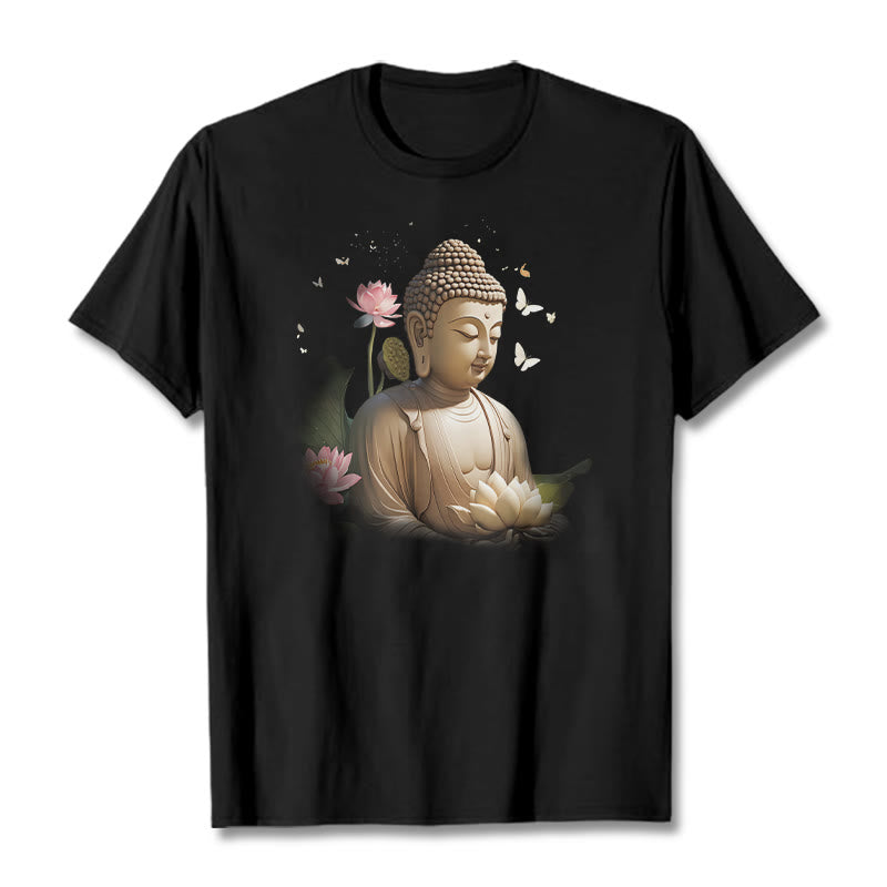Buddha Stones Lotus Butterfly Meditation Buddha Tee T-shirt - Black - 2XL - image 3