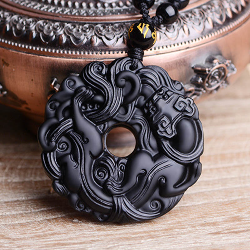 Buddha Stones Natural Black Obsidian Peace Buckle Pixiu Purification Necklace Pendant - image 15