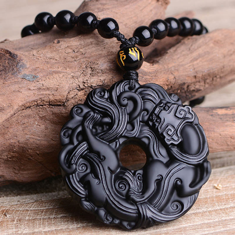 Buddha Stones Natural Black Obsidian Peace Buckle Pixiu Purification Necklace Pendant - image 10