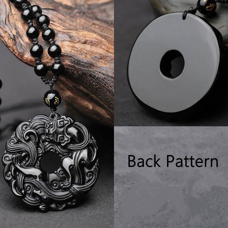 Buddha Stones Natural Black Obsidian Peace Buckle Pixiu Purification Necklace Pendant - image 4