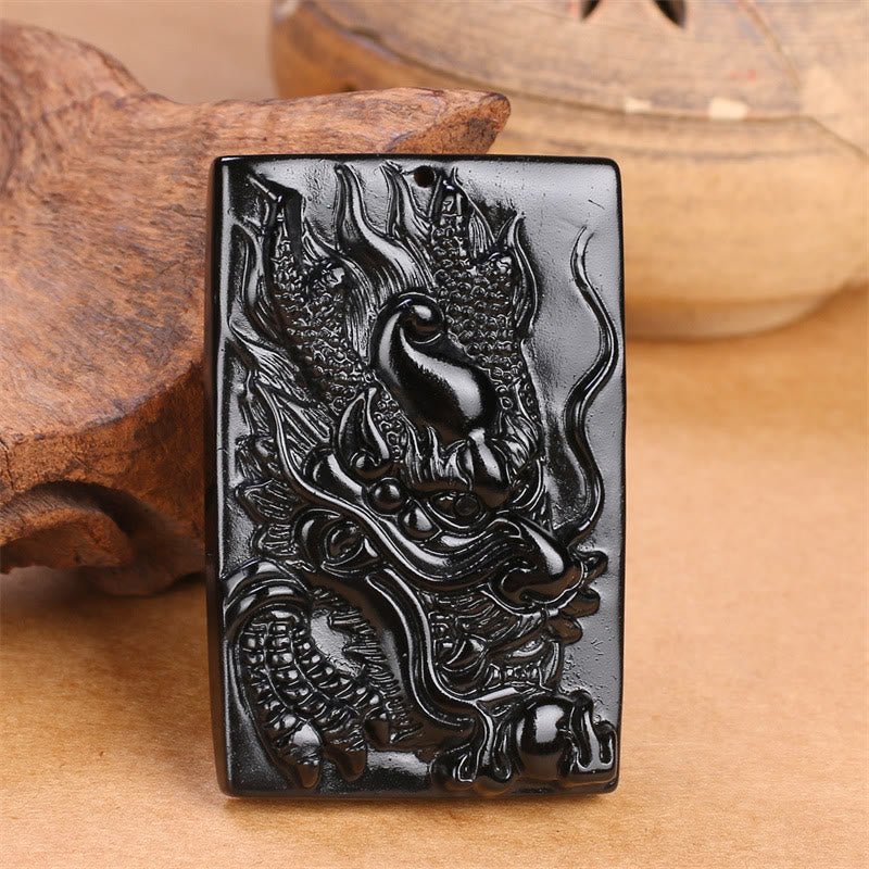 Buddha Stones Natural Black Obsidian Rectangular Dragon Engraved Success Necklace Pendant - image 11