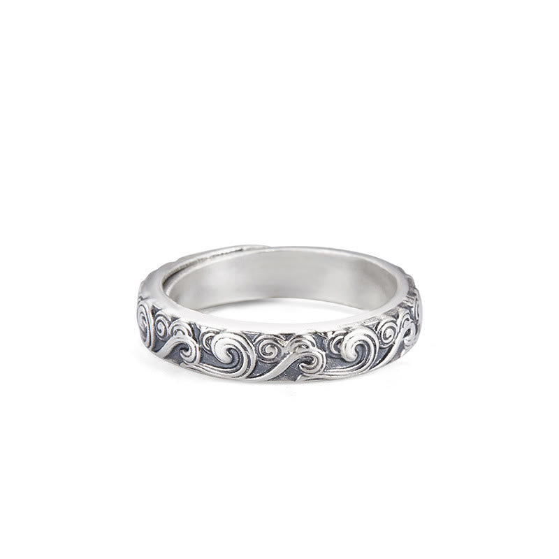 Buddha Stones 999 Sterling Silver Auspicious Clouds Engraved Blessing Adjustable Ring - Auspicious Clouds About 4g(Adjustable) - image 1